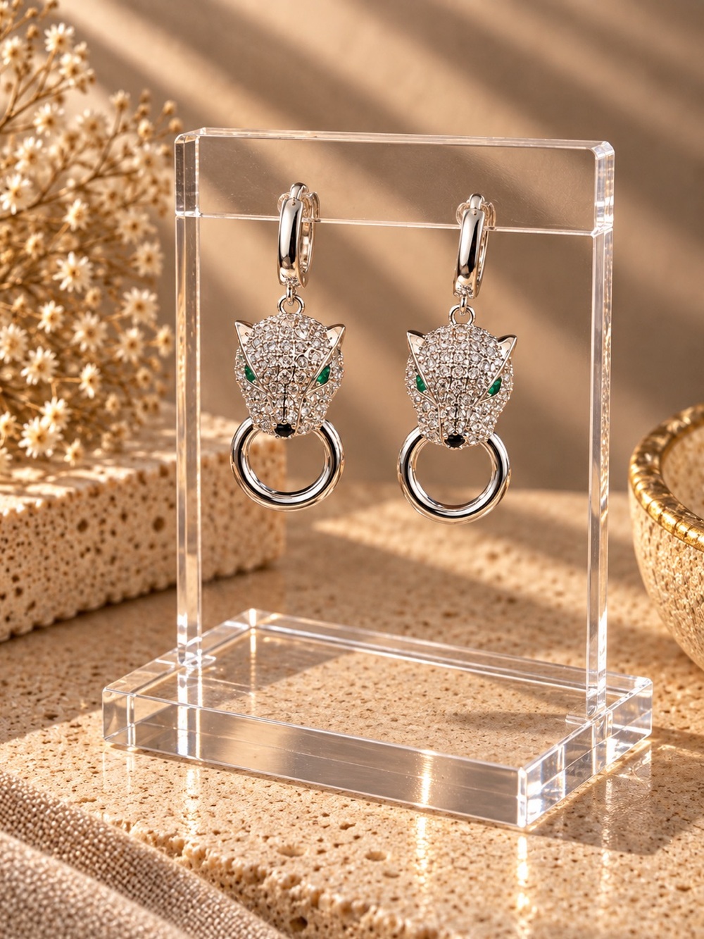 Panther Hoop Drop Earrings with Green Eyes